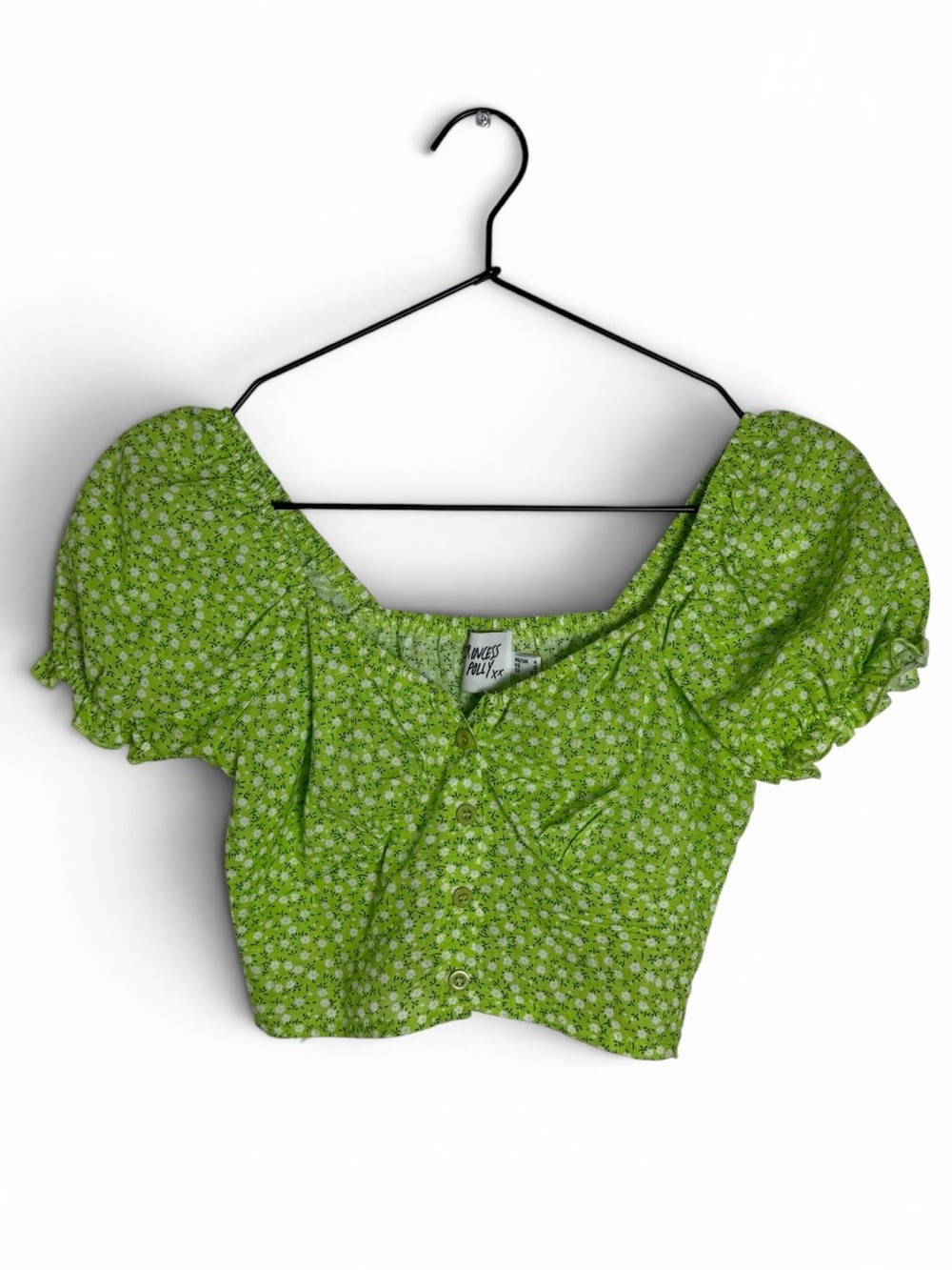 Princess Polly Green and White Floral Puff Sleeve Cottagecore Crop Top